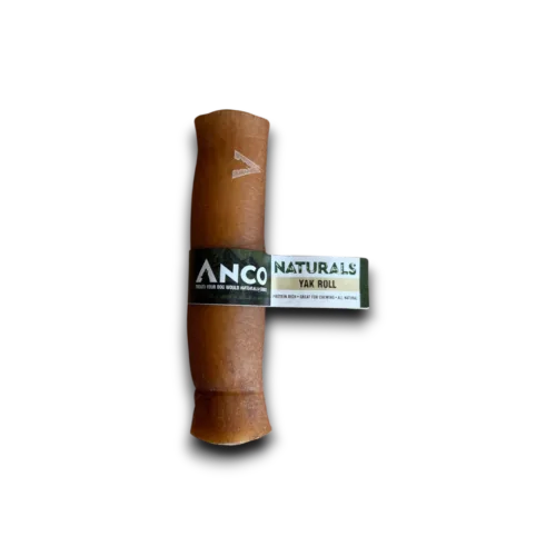 Brown dog chew toy with 'Anco Naturals' packaging on a white background