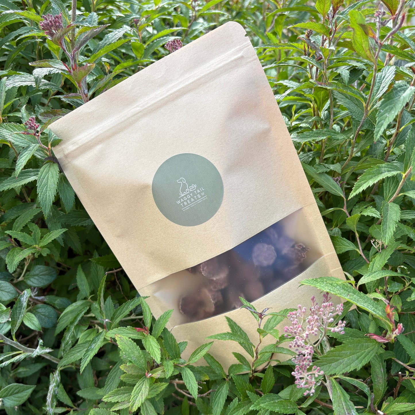 Beige packaging bag with a green label on a background of green leaves and small purple flowers