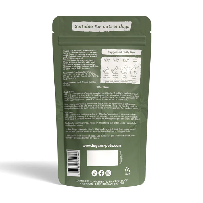 Green pet supplement package with text and branding on a white background