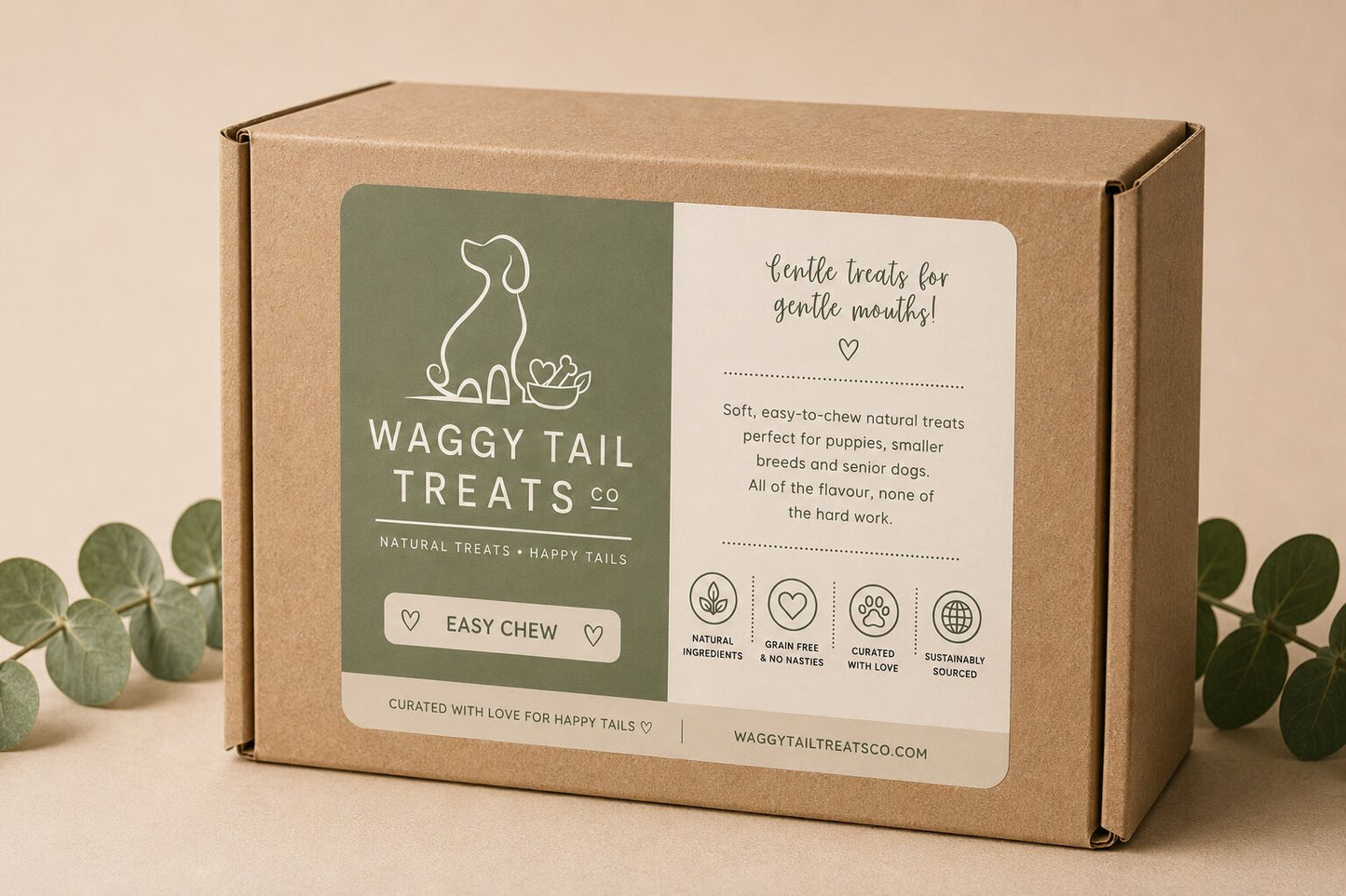 Waggy Tail Treats Co packaging box with eucalyptus leaves on a beige background