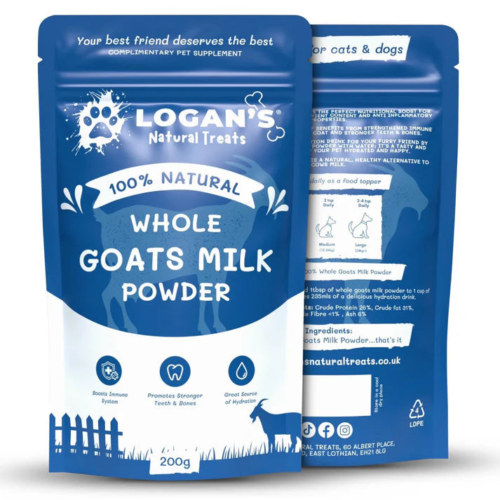 Logan's Natural Treats whole goats milk powder packaging on a white background