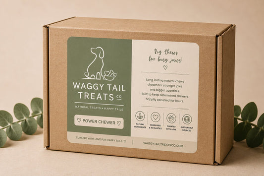 Waggy Tail Treats Co packaging box with eucalyptus leaves on a beige background
