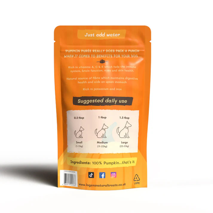 Orange packaging of pumpkin puree for dogs with text and icons on a white background