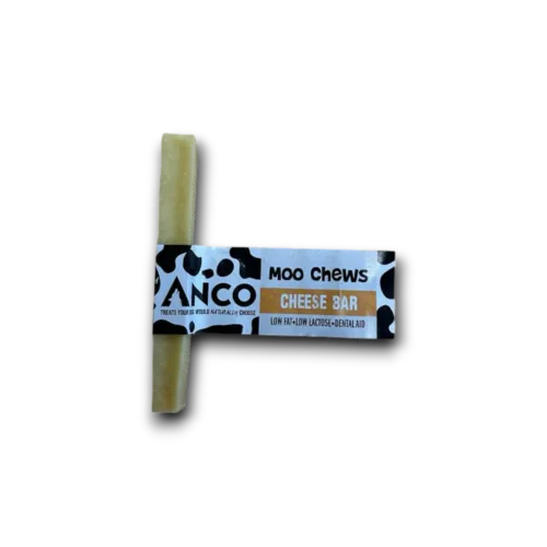 Dog chew treat with 'Moo Chews' label on a white background