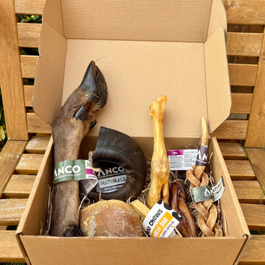 Box of dog chew toys with visible brand labels on a wooden surface