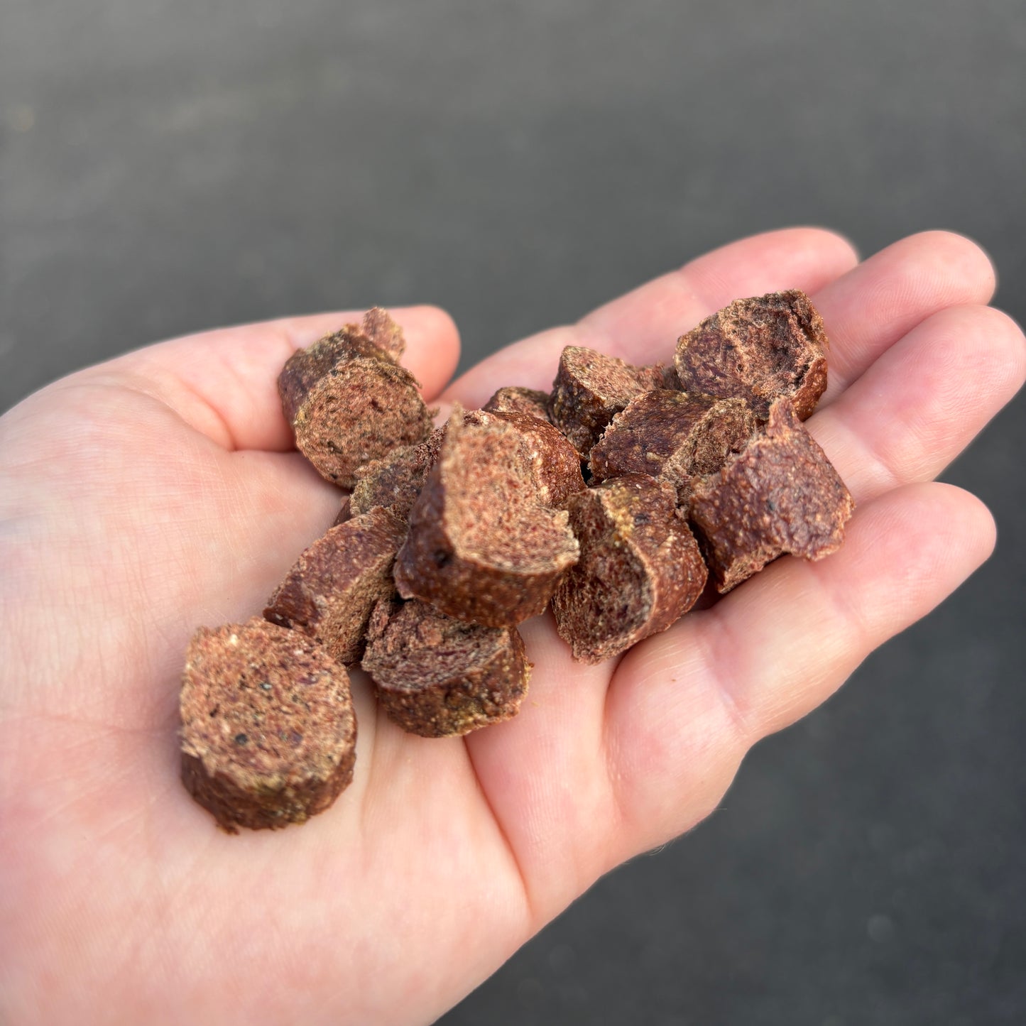 Hand holding a small pile of brown dog treats against a dark background