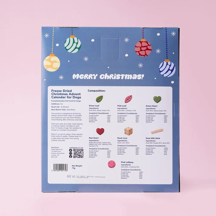 The back of a blue Christmas advent calendar box for dogs, featuring holiday illustrations and a white panel with ingredient and composition details, set against a solid pink background.