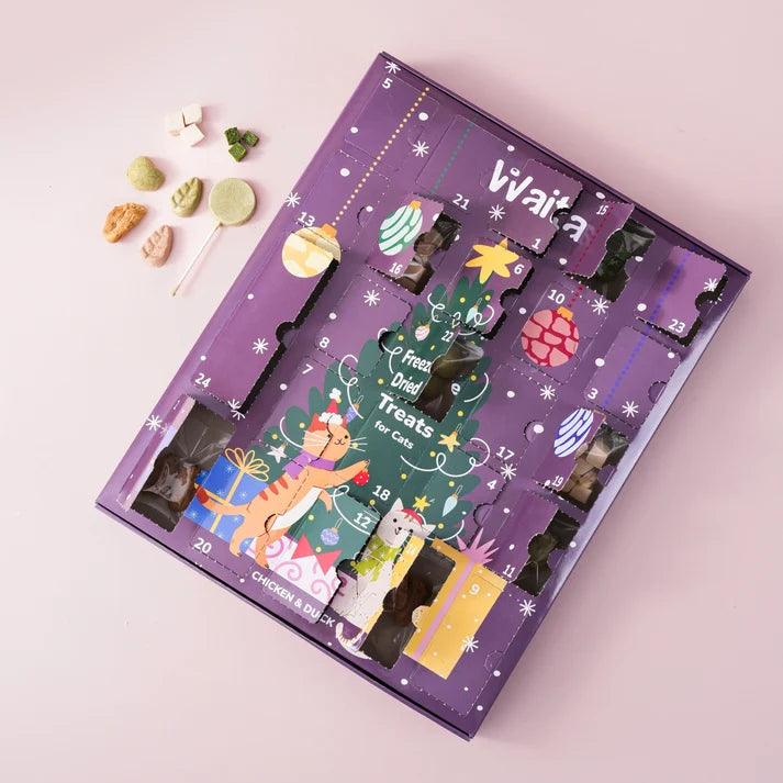 A purple Christmas advent box labeled 'Wait for it' with illustrated cat characters, gift boxes, and numbered compartments, photographed on a light pink background with a few candy pieces placed beside it.