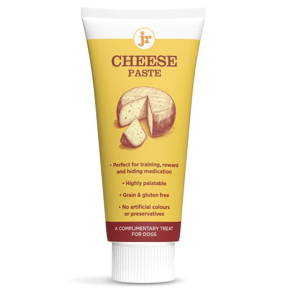 Tube of Cheese Paste for dogs with yellow label and white cap on a white background