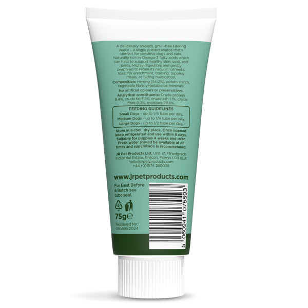 Back view of a green pet product tube with text and branding on a white background