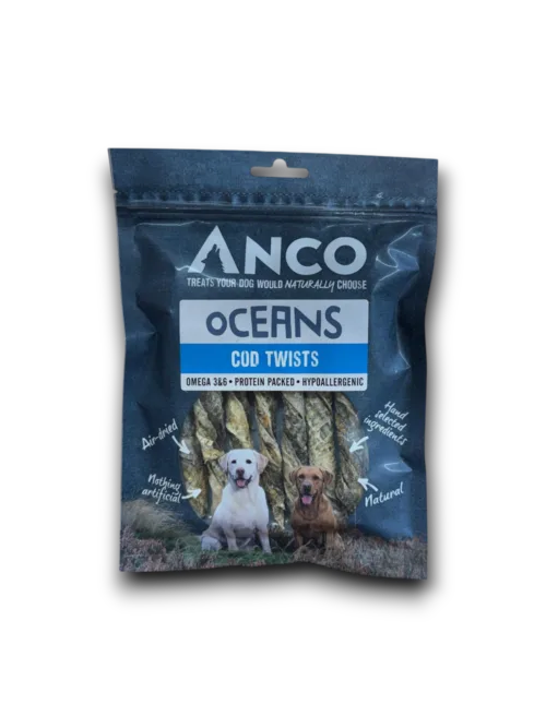 Anco Oceans Cod Twists dog treat package on a white background