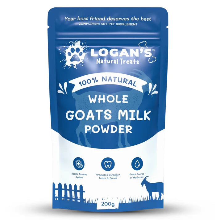 Package of Logan's Natural Treats whole goats milk powder on a white background
