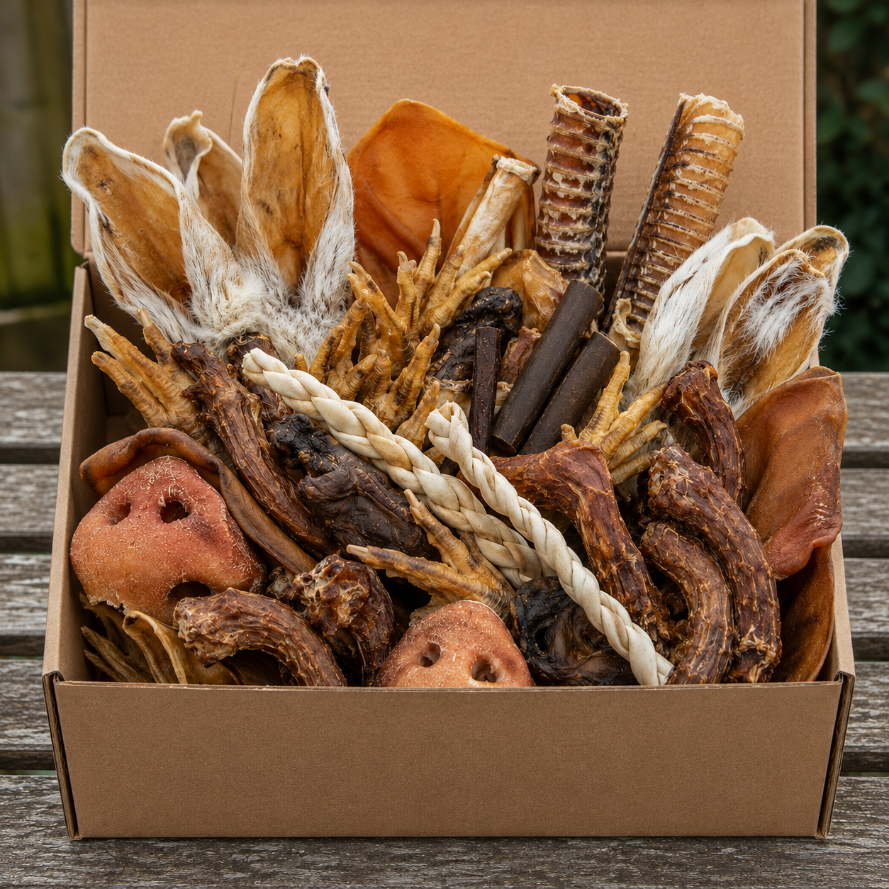 Assorted natural pet treats in a cardboard box on a wooden surface