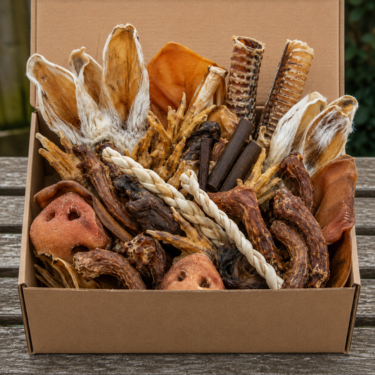 Assorted natural pet treats in a cardboard box on a wooden surface