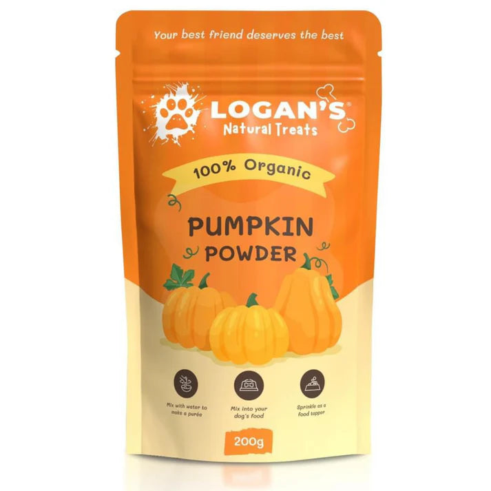 Logan's Natural Treats pumpkin powder package on a white background