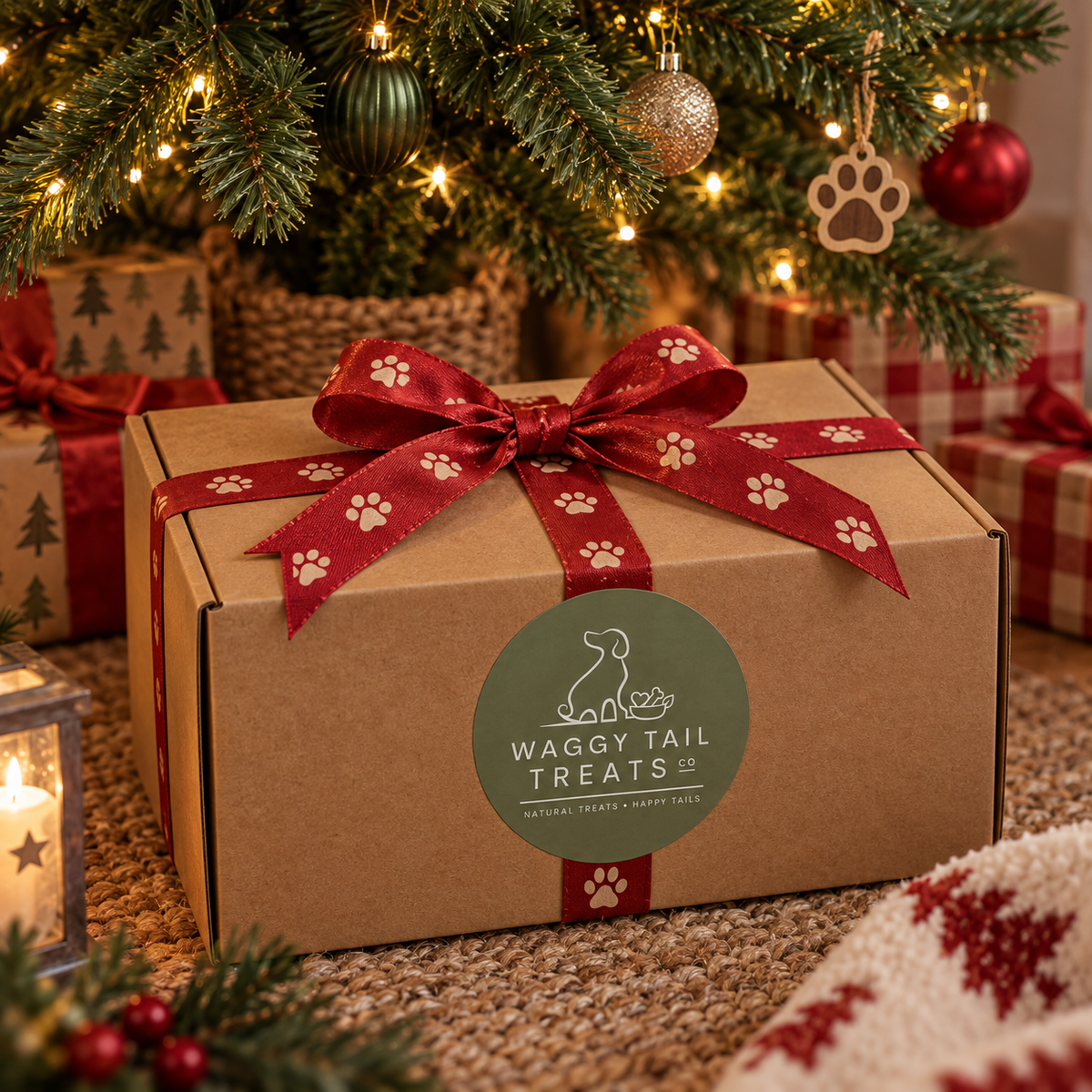 A brown cardboard gift box tied with a red ribbon printed with white paw prints and a green circular 'Waggy Tail Treats Co' logo, placed under a decorated Christmas tree with wrapped presents nearby.
