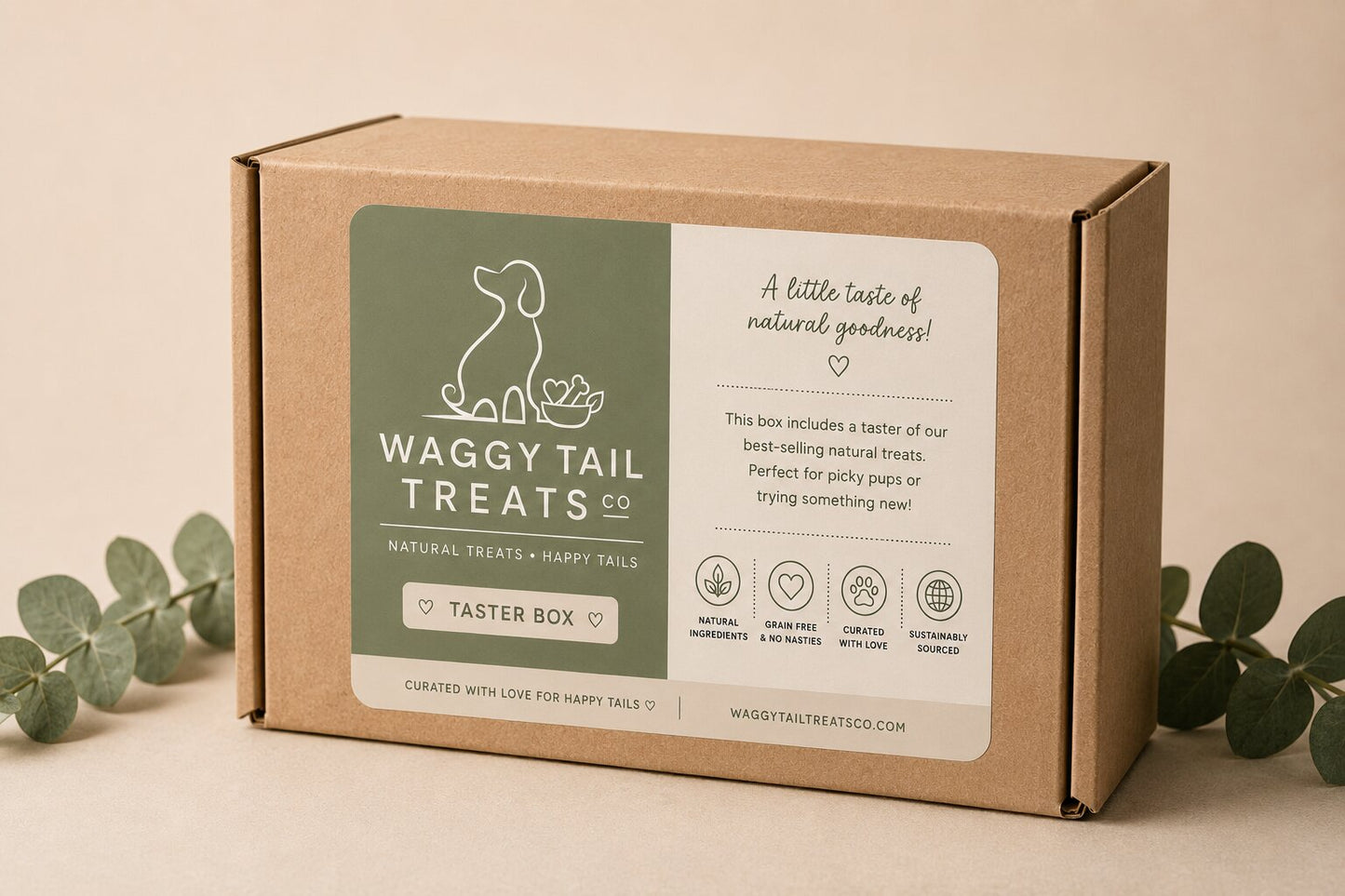 Waggy Tail Treats Co packaging box with eucalyptus leaves on a beige background